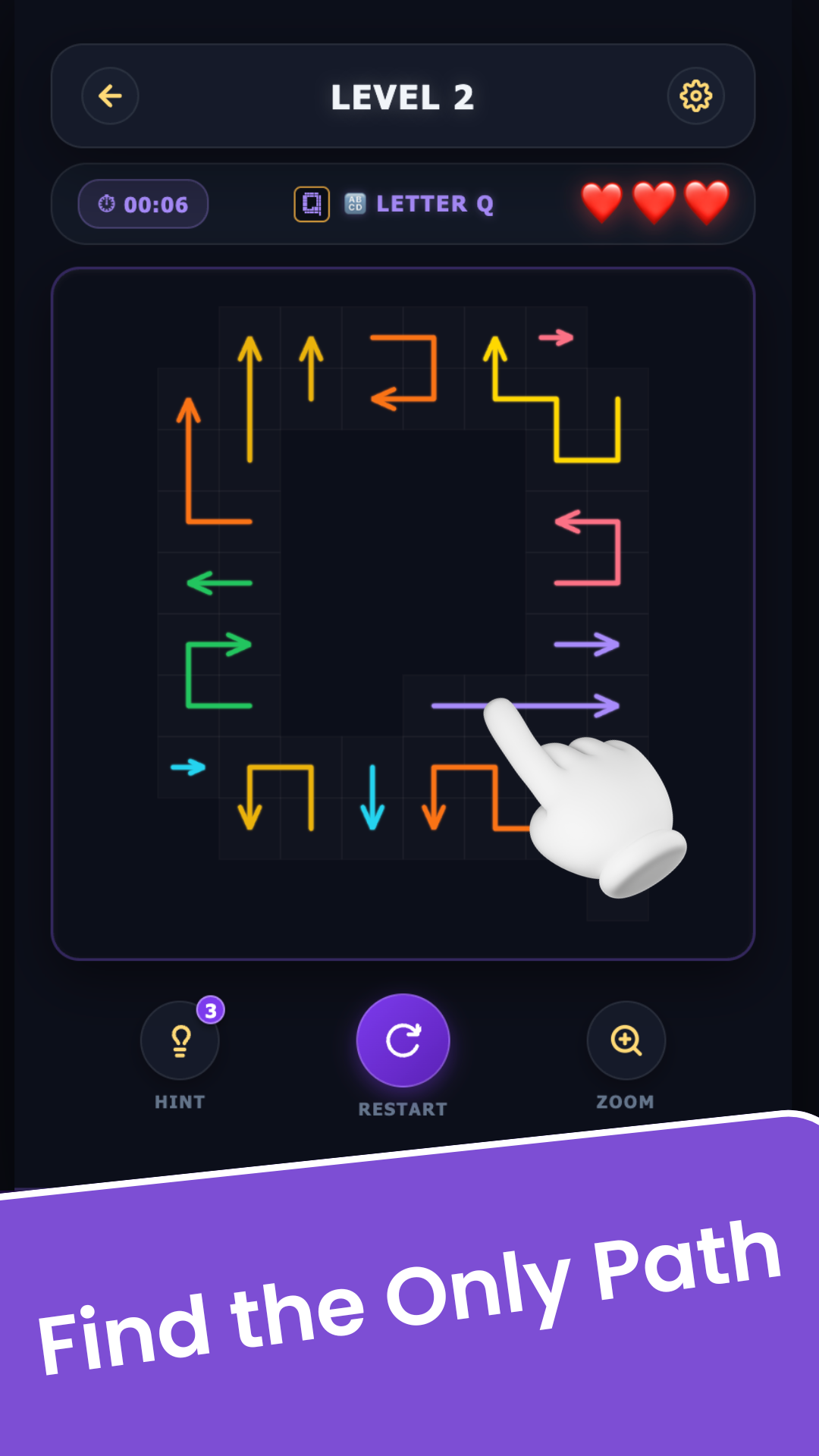 Hourglass-shaped puzzle board with arrows colored by group