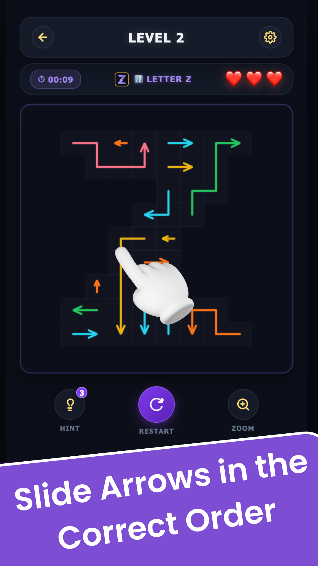 Kite-shaped puzzle board, unsolved, all arrows shown in white