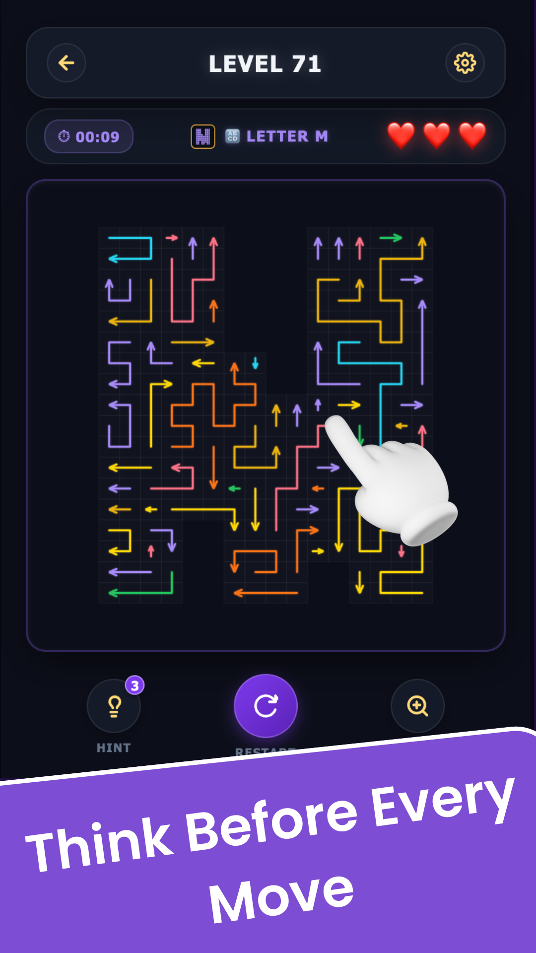 Last Path gameplay screenshot showing a puzzle board shaped like the letter M, filled with colorful directional arrows